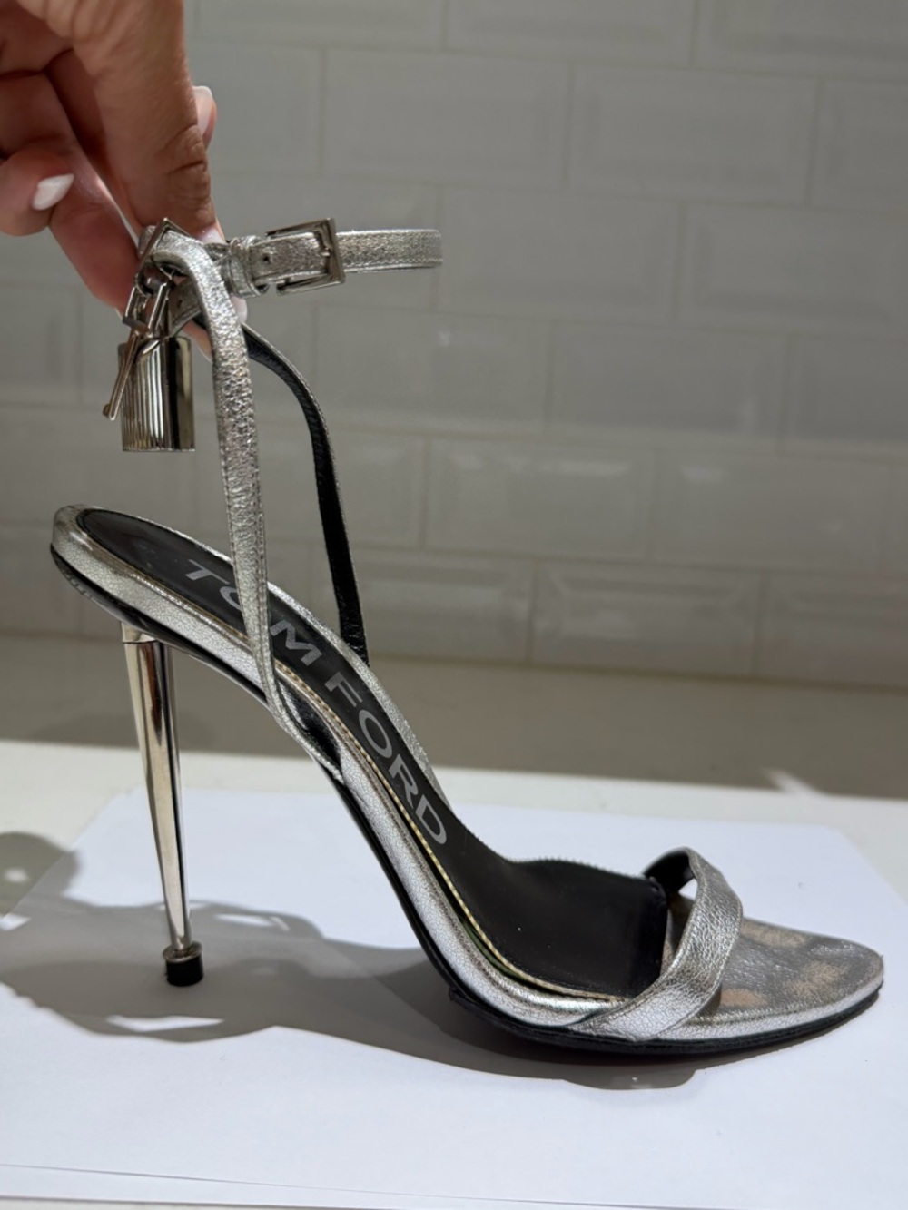 TOM FORD Padlock Naked Sandal Metallic Silver 38.5